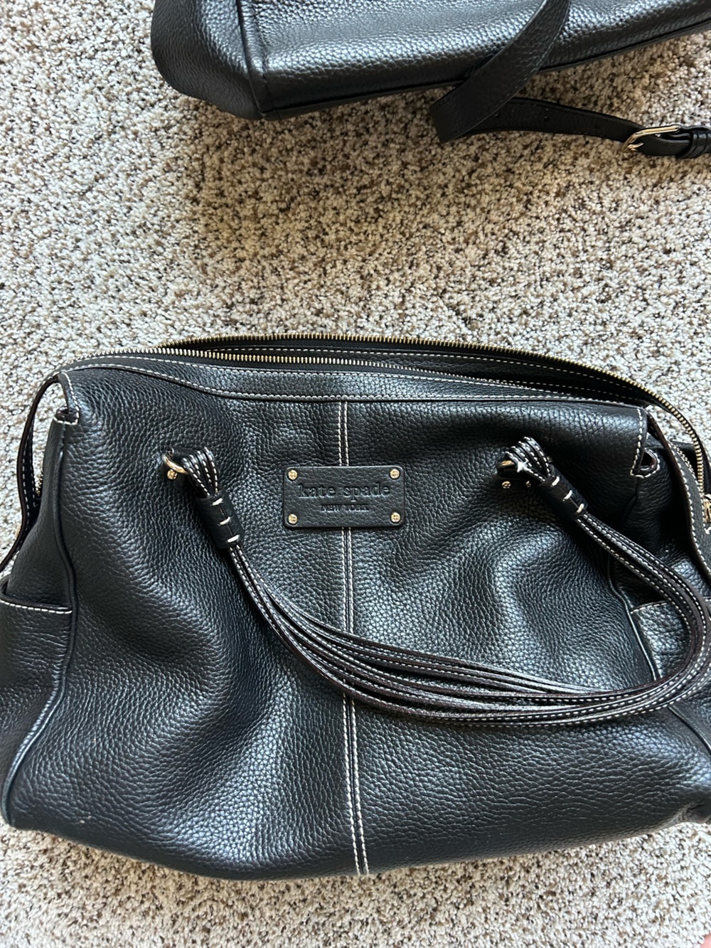 kate spade Black Pebbled Leather Duffel with Tassel Drawstrings